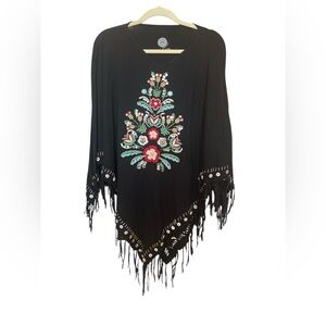 Double D Ranch Black Poncho with Floral Embroidery